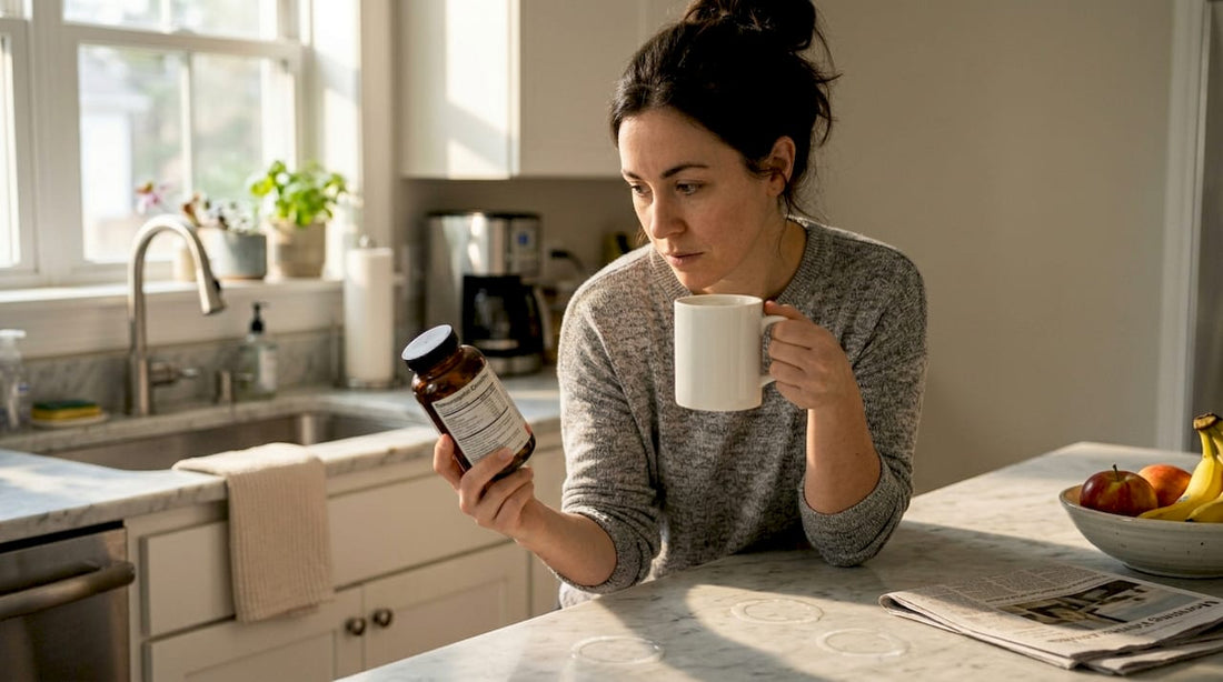 Woman reading supplement label in kitchen