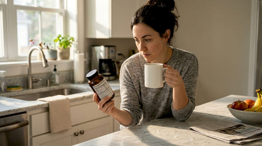 Woman reading supplement label in kitchen