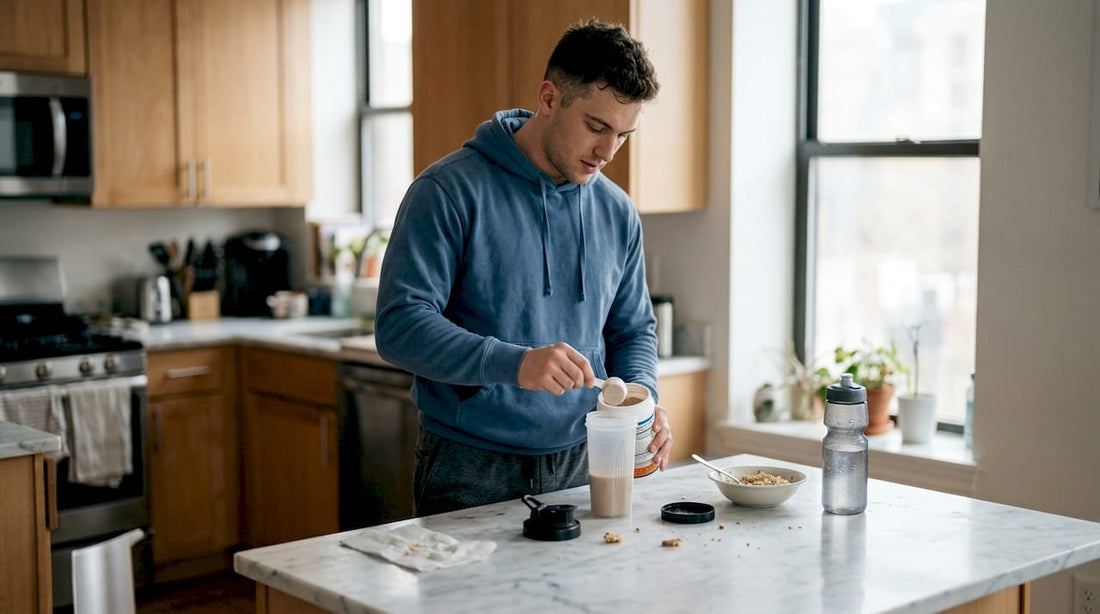 Athlete making a protein shake in kitchen