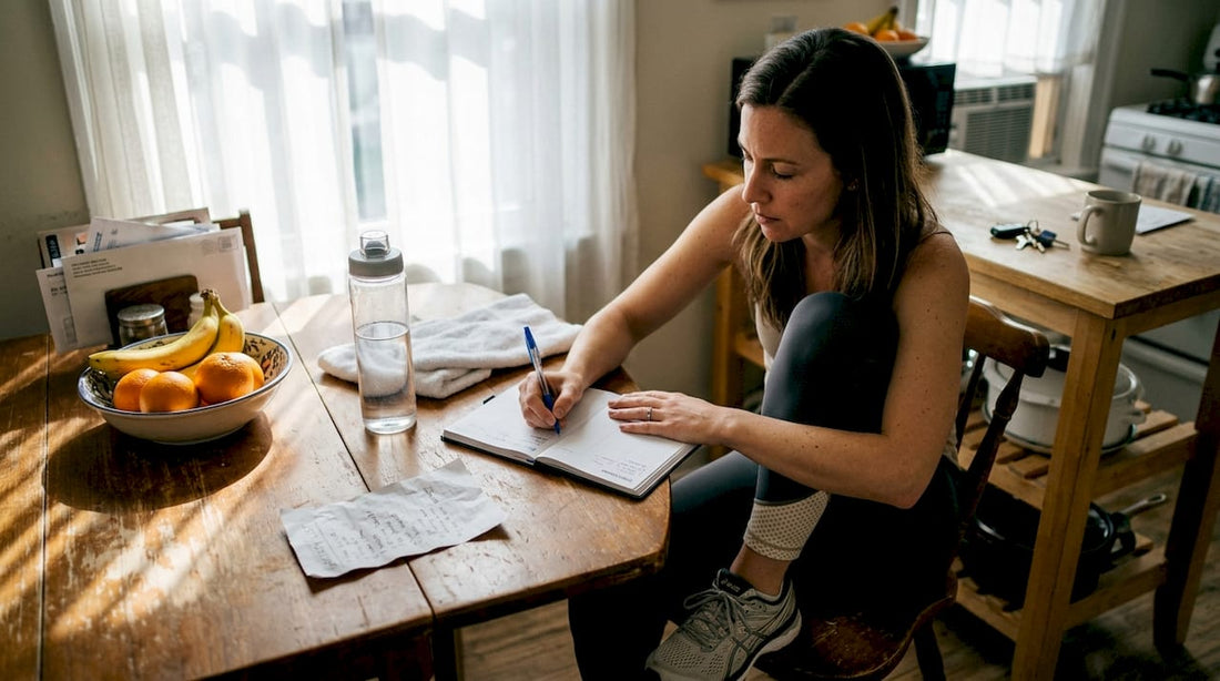 Woman writing fitness goals at kitchen table