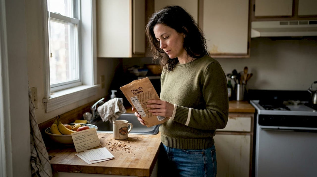 Woman checking product ingredients in kitchen