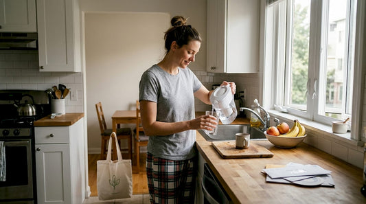 Woman pours water in bright morning kitchen