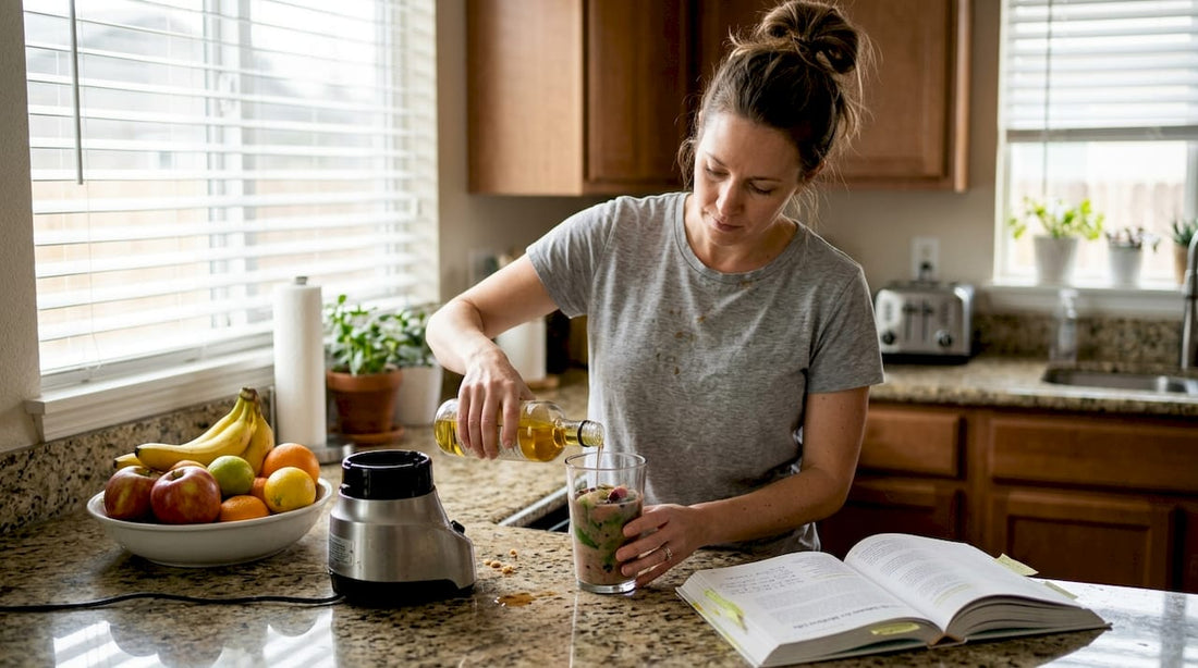 Woman preparing MCT oil smoothie in kitchen