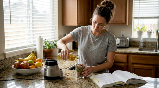 Woman preparing MCT oil smoothie in kitchen