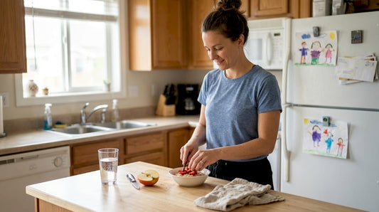 Preparing healthy breakfast at sunlit kitchen counter