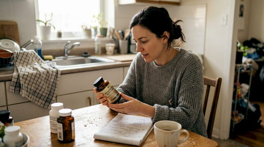 Woman reading supplement label at kitchen table