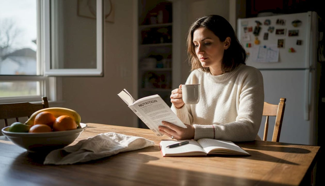 Woman reading about digestive enzymes at kitchen table