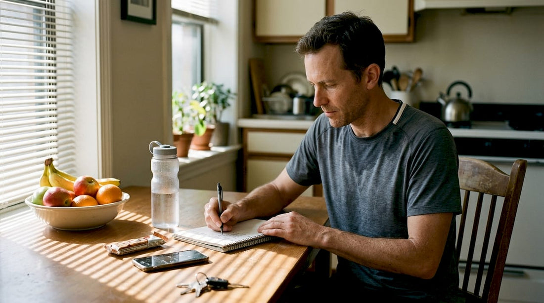 Endurance athlete logging nutrition at kitchen table
