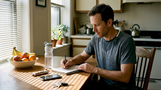 Endurance athlete logging nutrition at kitchen table