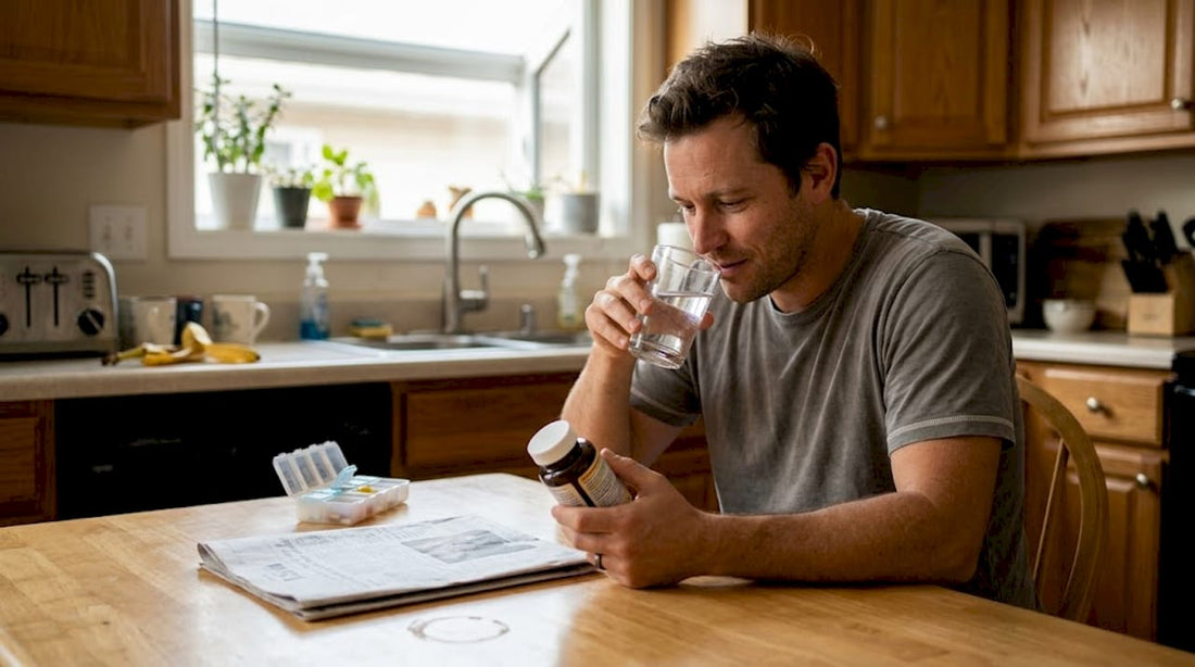 Man reading supplement bottle at kitchen table
