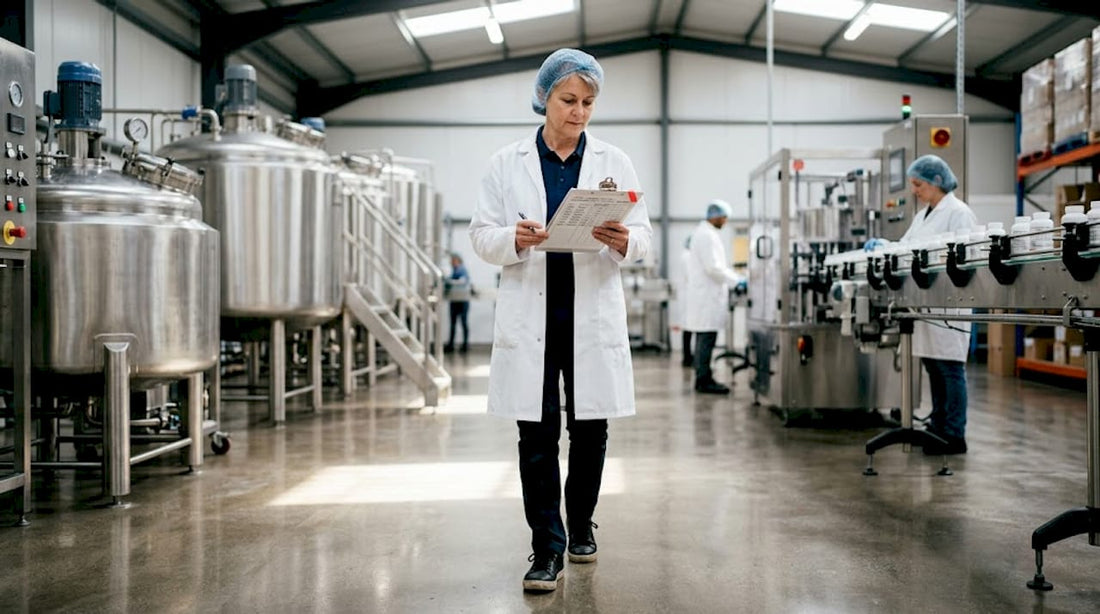 Manager inspecting supplement manufacturing process