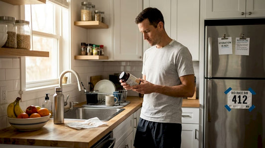 Athlete reading supplement label in kitchen