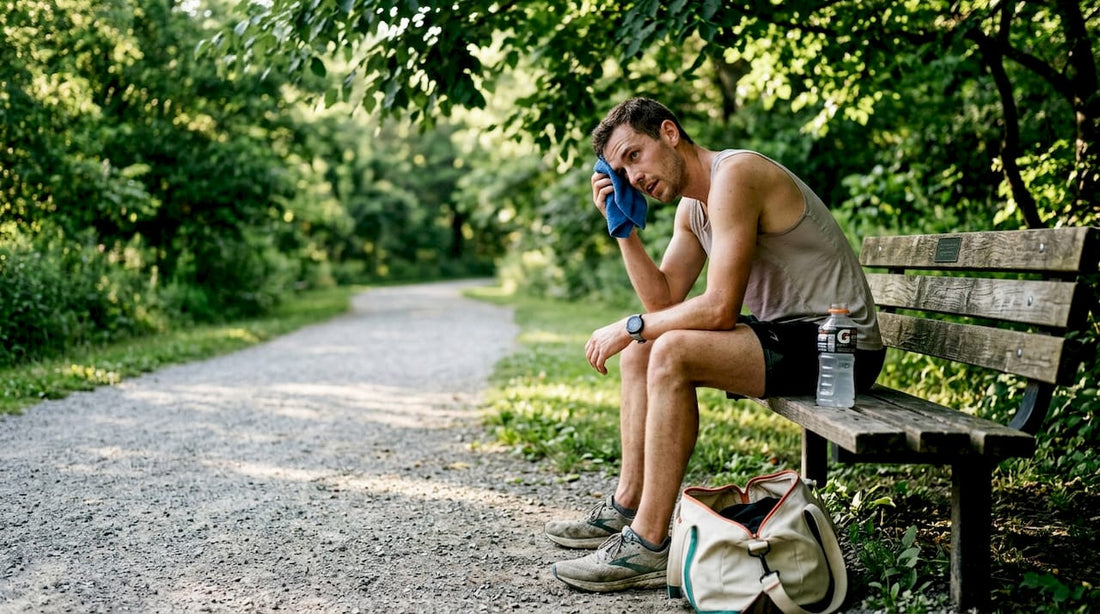 Runner taking break on park bench after training