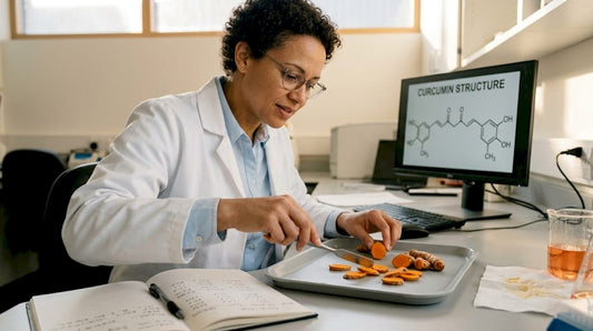 Scientist examining turmeric roots in laboratory