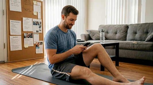 Man reviewing fitness stats in living room