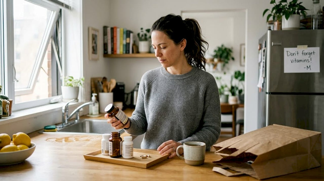 Woman reading supplement labels in sunlit kitchen
