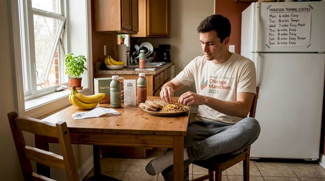 Runner preparing carb loading meal in kitchen