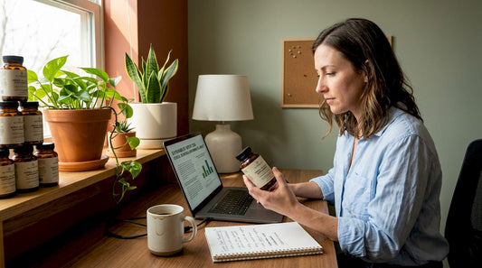 Woman reviewing supplements at home office