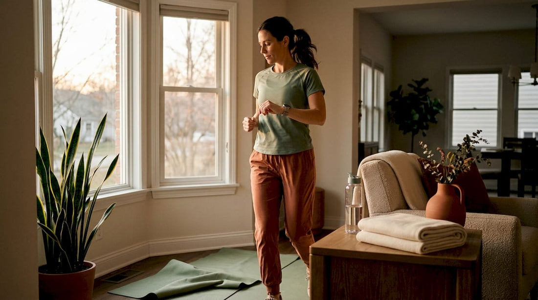 Woman jogging in living room at sunrise