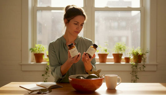 Nutritionist comparing supplement labels at home
