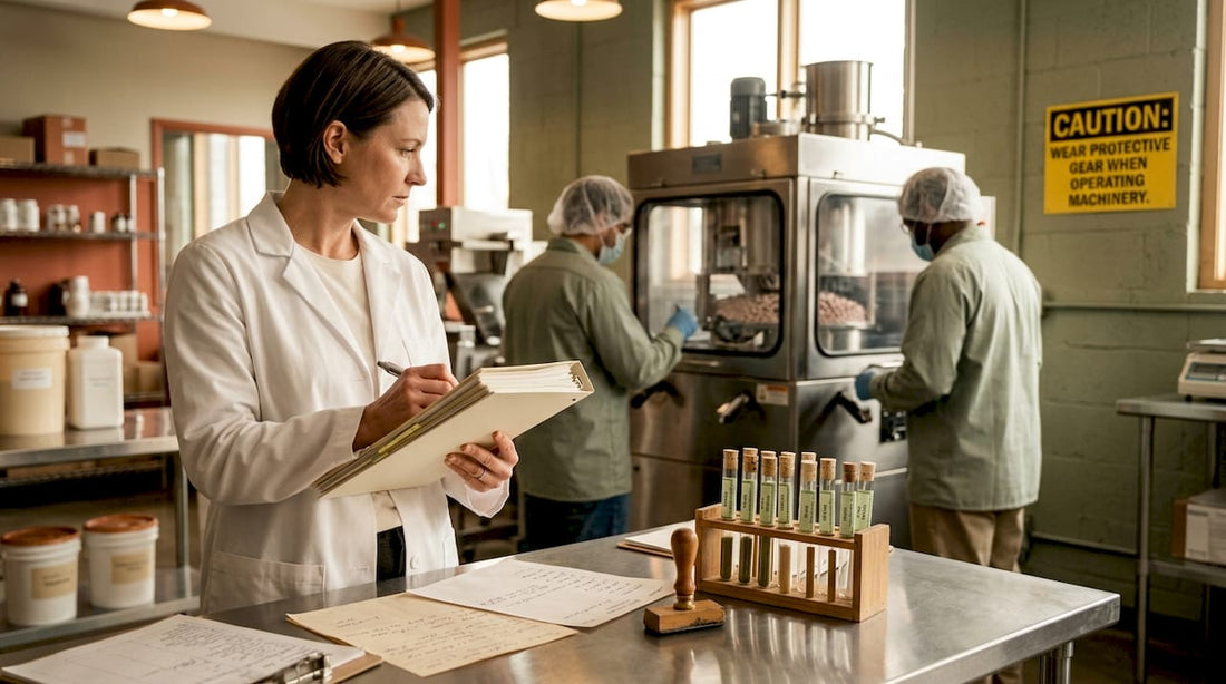 Manager inspecting supplement facility with clipboard