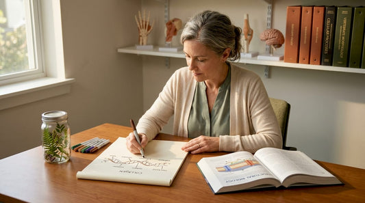 Educator sketching collagen molecular diagram at desk