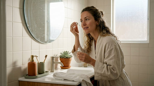 Woman doing morning skincare routine at home