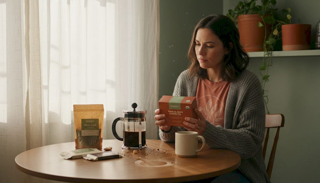 Woman examining natural caffeine sources on kitchen table
