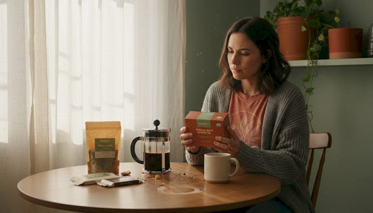Woman examining natural caffeine sources on kitchen table