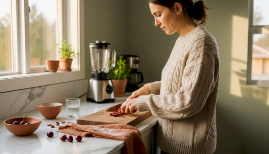 Woman slicing tart cherries in sunny kitchen