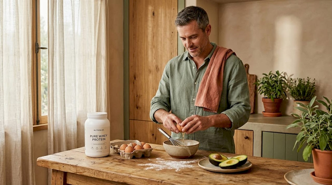 Man preparing protein breakfast in family kitchen