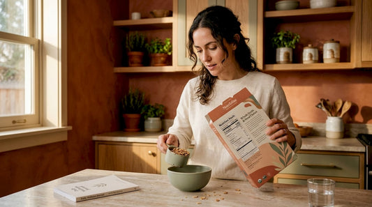 Woman checking serving size in kitchen