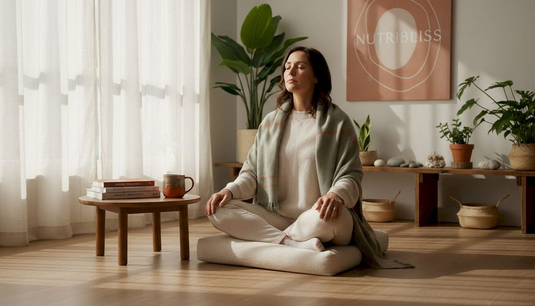 Professional woman practicing stress relief in office