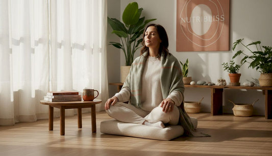 Professional woman practicing stress relief in office