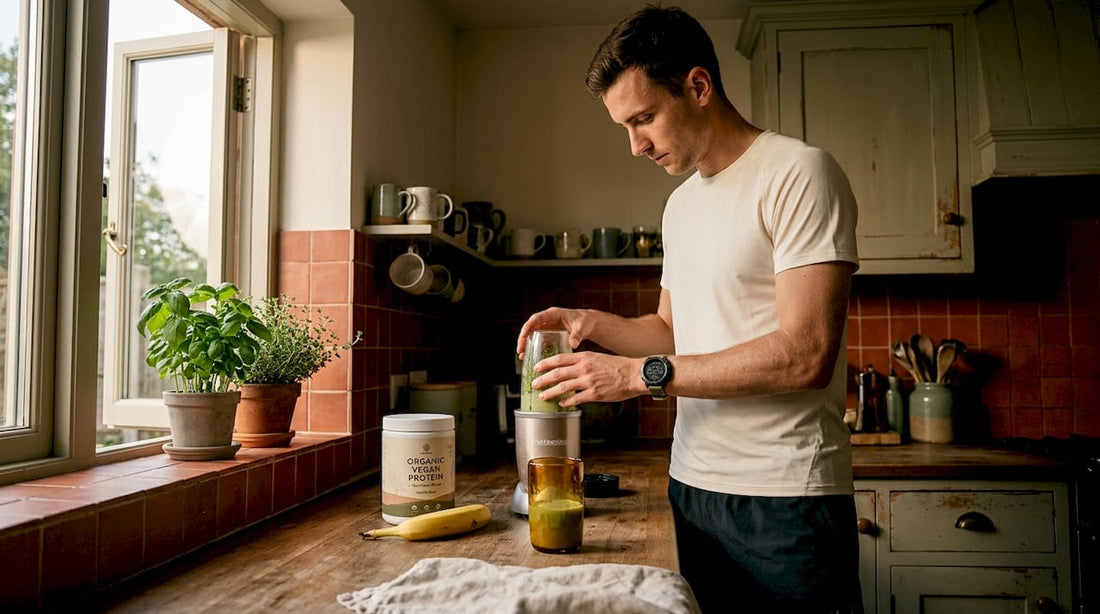 Athlete preparing smoothie in sunny kitchen