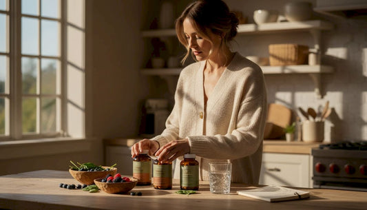 Woman sorting supplements on kitchen counter