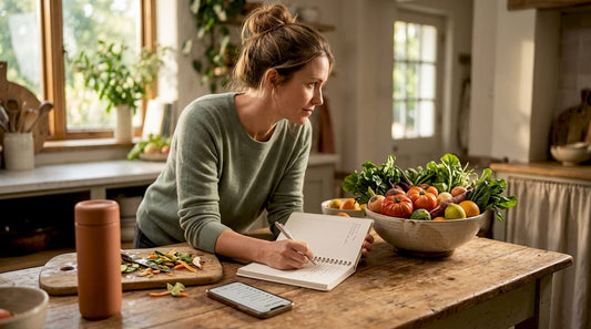 Woman writing health checklist in bright kitchen