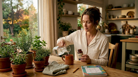 Woman taking magnesium at kitchen table night