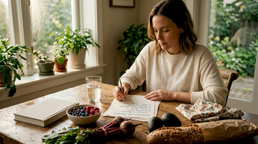 Woman reviewing nutrient list at kitchen table