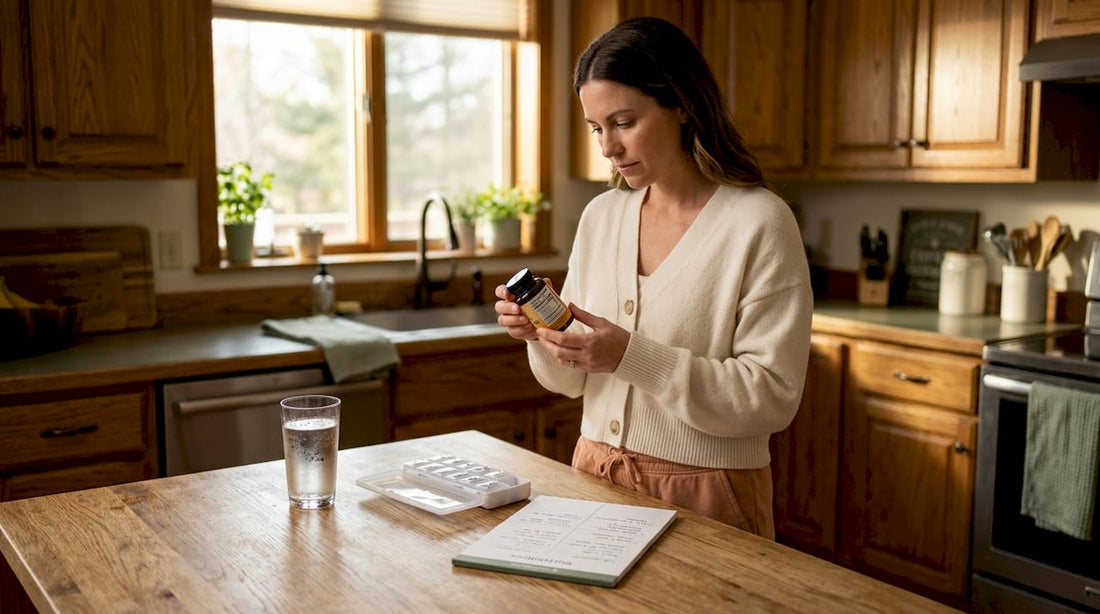 Woman checking D3 K2 supplement bottle in kitchen