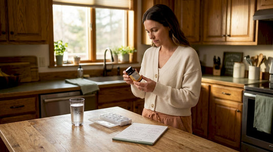 Woman checking D3 K2 supplement bottle in kitchen
