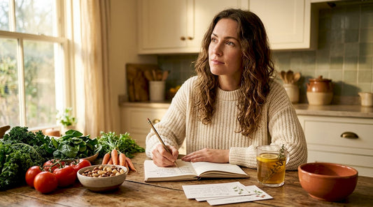 Woman creating meal plan at kitchen table