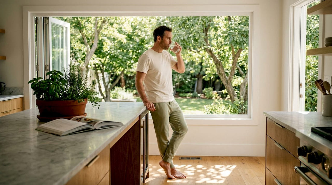 Man enjoying morning sunlight in kitchen