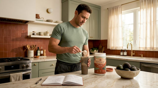 Man preparing whey protein shake in kitchen