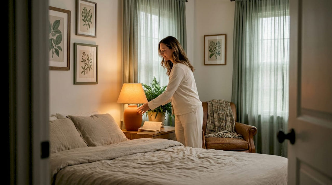 Woman preparing cozy bedroom for sleep