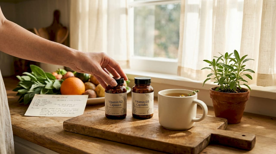 Vitamin K2 and D3 supplements on kitchen counter