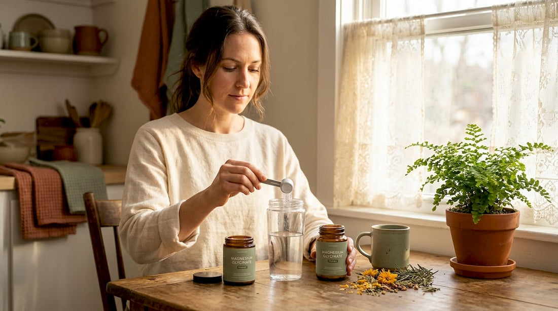 Woman preparing magnesium glycinate supplement