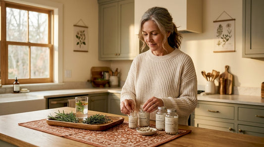 Woman preparing magnesium supplement in kitchen