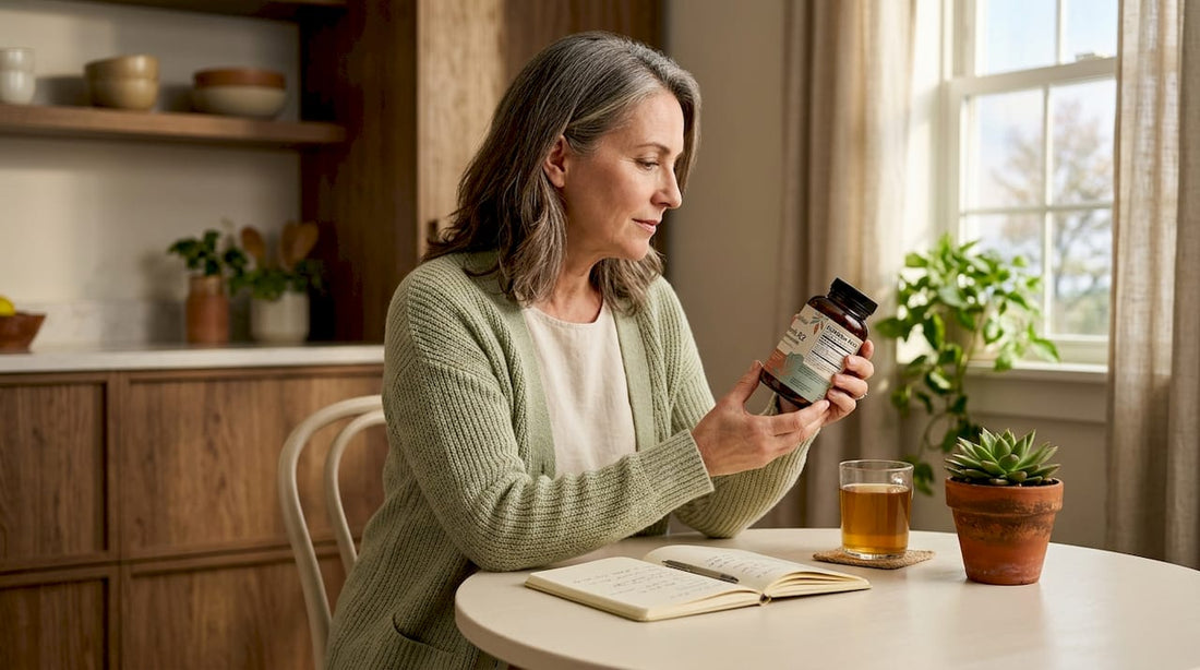 Woman reading vitamin K2 supplement label