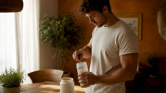 Man preparing isolate protein shake in kitchen